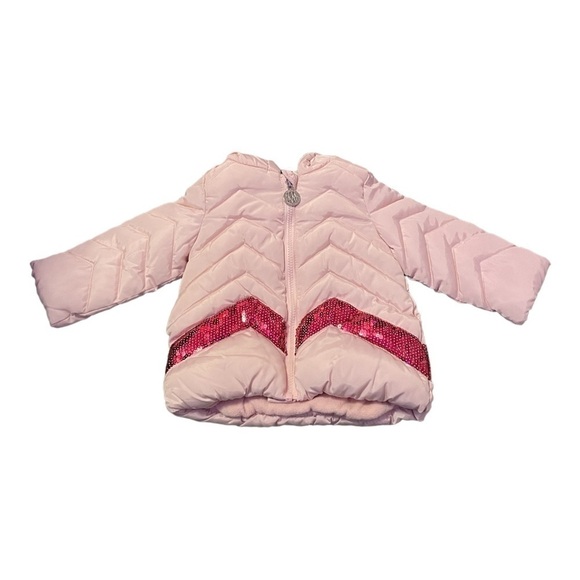 𝅺dkny Pink Hooded Puffer Jacket With Dark Pink Sequins Size 18 months - Picture 2 of 6